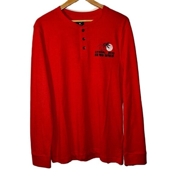 Hurley Long Sleeve Cotton Jersey Beach Icana Logo Henley T-shirt Red Men’s Small - Picture 3 of 16